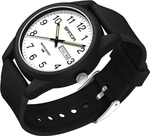 Montre à quartz analogique pour homme et femme - Étanche jusqu'à 50 m - Bracelet en silicone décontracté - Avec date, jour de la semaine, aiguilles luminescentes - Grands chiffres, noir/blanc, lanière