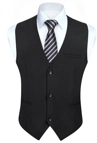 HISDERN Black Vests for Men Business Formal Dress Suit Waistcoat Vest 3 Pockets for Suit Tuxedo Grooms Wedding Party Slim Fit Corbata Negra