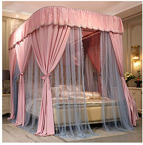 4-Eckpfosten-Prinzessin-Bettvorhang-Baldachin für Mädchen, 3 Öffnungen, Moskitonetz, rosa Bettdekoration für Kingsize-Bett und großes Queensize-Bett mit U-förmiger Halterung (Größe: 200 x 22