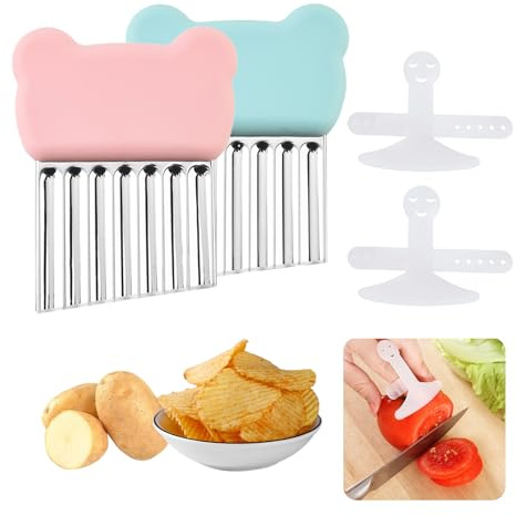 KASESSS 2 Stück Wellenschneider, Pommesschneider, Edelstahl Kartoffelschneider, Wellenmesser, Riffelmesser, Bär Wellenschneider Gemüse, Wellenmesser für Gemüse mit Zwei Fingerschutzvorrichtungen