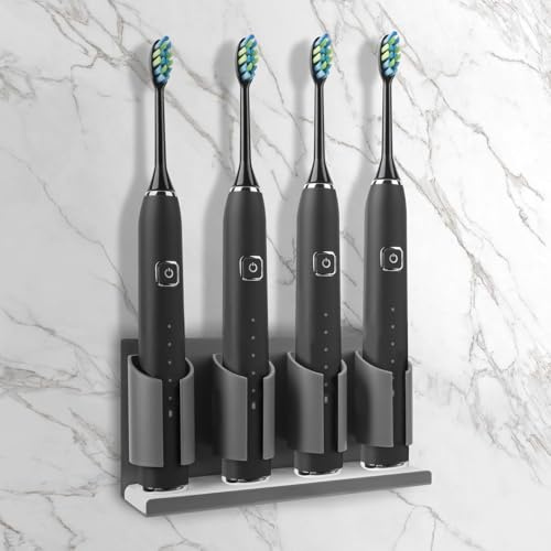 Adorila Electric Toothbrush Holders for Bathrooms Wall Mounted, 4 Slots Adhesive Toothbrush Organizer Stand with Diatomite Dish, Compatible with Philips 2100, 4100, 5100, 6100, 6500, 7500 (Grey)
