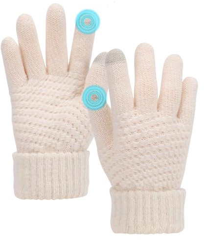 Winter Warm Mittens for Women, Touch Screen Gloves with Soft Lining, Elastic Cuff - White