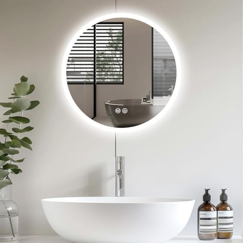 Youyijia LED Wandspiegel mit Touch-Schalter, dimmbar, 3-Lichtfarben-Einstellung, 50cm rund, für Badezimmer