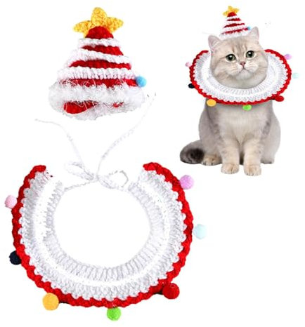 Kixolazr Katzen-Weihnachtsmütze mit Kragen, Haustier-Weihnachtshalsband und Mütze | Katze Gestrickte Weihnachtshalsbandmütze,Weiche und Bequeme handgewebte Katzenhalsbandmütze für Kaninchen,
