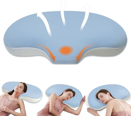 MzGro Memory Foam Neck Pillow for Neck and Shoulder Pain, Ergonomic Cloud Pillow for Back Side Stomach Sleepers, Cervical Neck Support Pillow with Cool Ice Silk Cover (Blue)