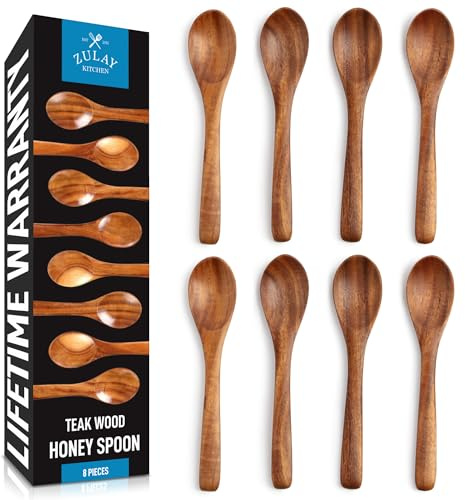 Zulay Kitchen Teak Wood Small Honey Spoons Set – 8 Piece Mini Wooden Honey Dippers, Handcrafted Natural Teak Wood, Durable, Smooth Finish & Food-Safe Design