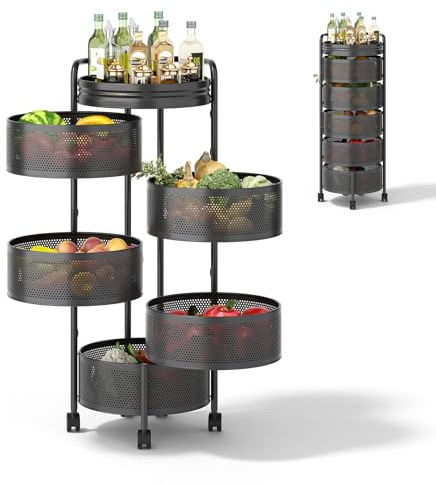 Warmiehomy 5-Tier Rotating Vegetable Rack on Wheels, Metal, 30x30x90cm
