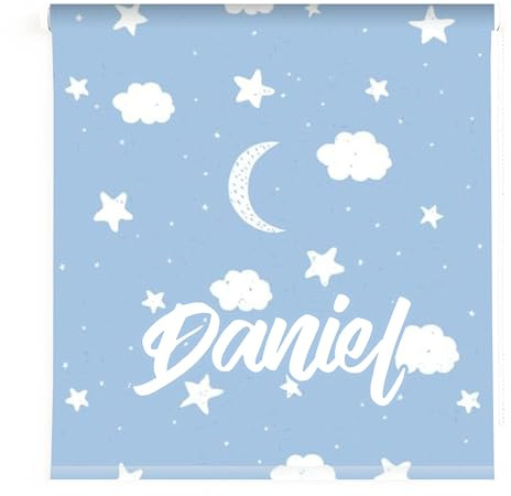 Estor Infantil Azul Personalizado con Nombre – Diseño de Luna, Nubes y Estrellas – Cortina Enrollable Translúcida para Habitación de Bebé o Niño (40x60)