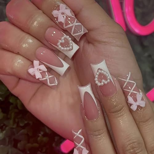 24Pcs French Tip Press on Nails Long Square Full Cover,Pink Fake Acrylic Nails with 3D Pearl & Bow Designs,Removable False Nails for Women