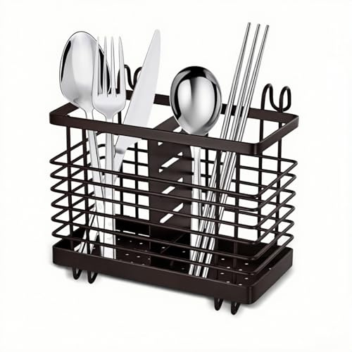 Lunayuomi® Kitchen Utensil Organiser, Cutlery drainer, Anti-Rust Sink Tidy Kitchen Utensil Holder, Stainless Steel Cutlery Storage Rack for Chopsticks, Cooking Utensils, Spoons, Spatulas, Forks(Brown)