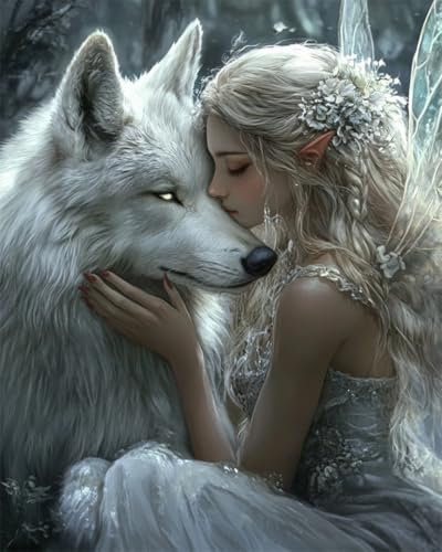 AYAOYANGGO Kreuzstich Set Anime Weißer Wolf Und Elf Diy-Kreuzstich-Sets Für Erwachsene Mit Nadeln,Scheren-Einfädler,Vordruck Für Die Wanddekoration Zu Hause 11CT 40x50cm