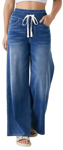 Fengbay Baggy jeans dam med elastiskt band pull on breda ben stretch hög midja bred ben raka damjeans, blå, M