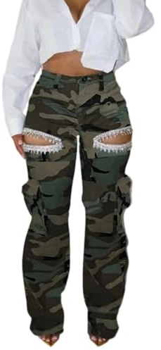 Unybwonn Women Camouflage Cargo Denim Pants High Waist Patchwork Baggy Casual Camo Jeans Trousers with Pockets
