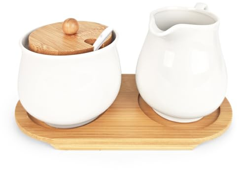 Tutamaz Ensemble Pot à Lait et Sucrier en Céramique Blanche, Service à Café avec Cuillère en Céramique Compatible et Lave-Vaisselle, Service de Table Blanc pour Cuisine, Petit-Déjeuner et Café
