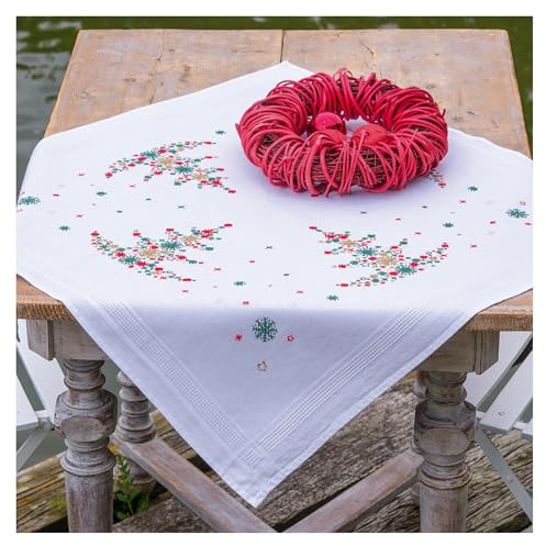 Vervaco Kreuzstich Stickpackungen Tischdecke WEIHNACHTSBAUM DEKORIERT Stickdecken Vorgezeichnet Basteln Erwachsene Kreativ Set Vorgedruckte Decke Sticken ca. 80 x 80 cm Stickset Weihnachten