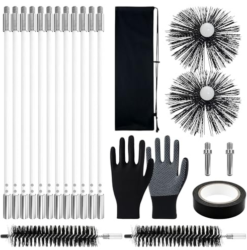 22PCS Schornsteinfeger Bürste, Kaminbesen Stange Set, Ofenrohrbürste 150mm und 40mm, Kaminbürste Nylon, Kaminrohr Reinigungsbürste mit 12 Flexible Stangen 410mm, für Kamin, Rohre, Trockner