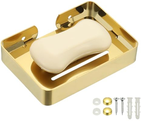 QUARKZMAN Jabonera De Acero Inoxidable 5.28 X 3.78 Pulgadas Portajabones De Pared Portaesponjas para Baño Cocina (Dorado)
