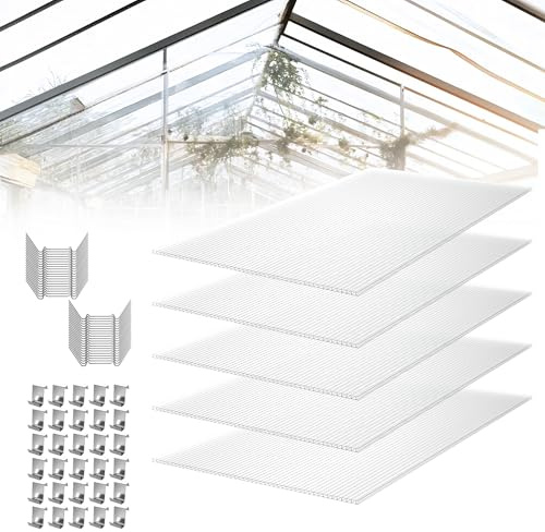 YRHome 42 Stück Polycarbonat Hohlkammerstegplatten UV-beständigem Doppelstegplatte Gewächshausplatten 605x1210x4mm 30,75 m² Stegplatte Hohlkammerplatten für Gewächshaus mit Klammern & Z Clips
