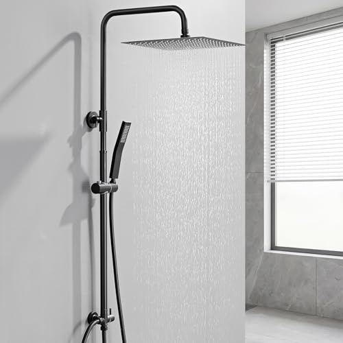 Auralum Colonna Doccia senza Miscelatore, Colonna Doccia Acciaio Inox con Saliscendi Doccia Altezza Regolabile 72-110cm, Asta Doccia con Soffione e Doccetta, Doccia Soffione con Doccetta Nero 25x25cm