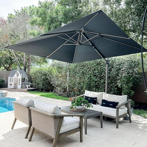 PURPLE LEAF Ombrellone da Giardino 3 x 3 m, Protezione UPF 50+, Asta in Alluminio Sospesa Color Champagne, Ombrellone da Esterno, Rotazione a 360°e 5 Inclinazioni, Terrazze, Piscine, Grigio