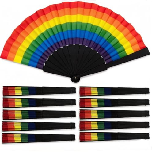 BSTMOME 10 Packs Large Rainbow Folding Hand Fan 16.7 Inch, Pride Month Festival Party Accessories, Portable Cooling Fan for Parade, Dance, Rave, Wedding and Summer Events (Black Fan Frame)