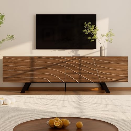 RAPRAP TV Schrank Holz mit Wellenfront Walnuss-Look, 160cm TV Lowboard Stehend Mit Eisenbeinen & Kabelmanagement, Modern Fernsehschrank, TV Sideboard mit 3D-Struktur,160cm c