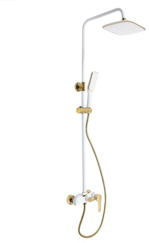 Duschsystem set guld vit, 3-i-1 duscharmatur med regndusch, handdusch och kran, höjdjusterbar duschstång 85–125 cm, badrumskran komplett set för badrum