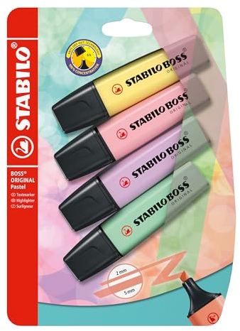 STABILO - Textmarker - BOSS ORIGINAL Pastel - 4er Pack - pudriges Gelb, rosiges Rouge, Schimmer von Lila, Hauch von Minzgrün