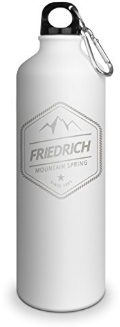 Trinkflasche mit Namen Friedrich - graviert mit Adventure Layout, Aluminiumflasche mit Gravur, Sportflasche - matt weiß