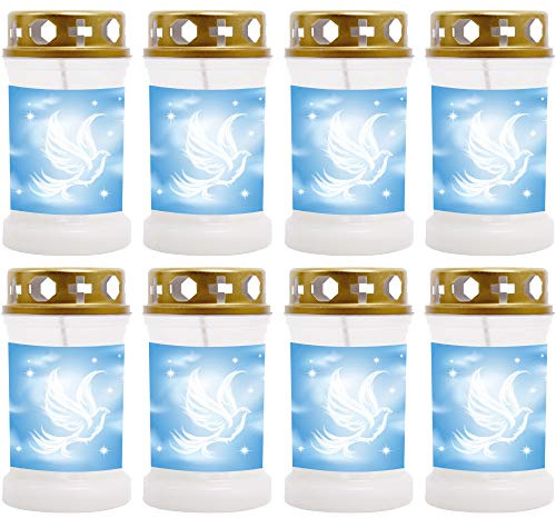 HS Candle Grabkerze - 8er Pack - (Weiß) Grablicht ca. 40h Brenndauer je Kerze - Motiv: Taube