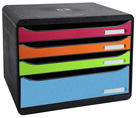 Exacompta 315798D Ablagebox Iderama Querformat mit 4 Schubladen für DIN A+ Dokumente. Belastbare Schubladenbox mit hoher Kapazität für mehr Platz Big Box Plus Horizon Blauer Engel bunt