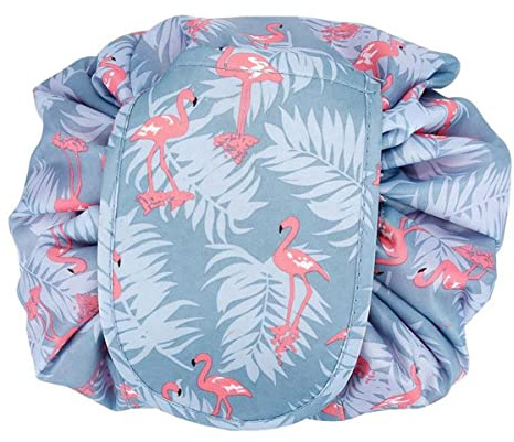 INTIRILIFE Borsa cosmetica in Flamingo Rosa Grigio - Borsa da Toilette Rotonda con Stringhe per Il serraggio, 2 Tasche Interne, Zip Ideali per i Viaggi - Conservazione per Il Trucco ECC.