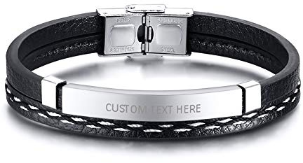VNOX Personaliza Grabado Gratuito Trenzado de Cuero de PU Chapado en Negro Etiqueta de Identificación de Acero Inoxidable Pulsera Pulsera Brazalete para Hombres Niño
