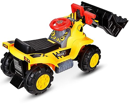 DREAMADE Kinder Sitzbagger, Aufsitzbagger mit Schutzhelm & 3 Spielsteine, Schaufel & Stauraum, Sandbagger mit Sound-Tasten, Bagger zum draufsitzen für Kinder ab 3 Jahren