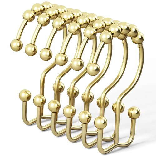 DAWNER Shower Curtain Hooks Rings, Rust Proof Hooks, Metal Easy Glide Double Shower Rings Hooks, Stainless Steel Shower Curtain Hangers for Bathroom Shower Curtains, Set of 12 Hooks, Gold Color