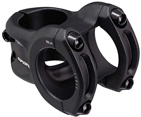 Spank Spoon 318 Stem Black (Diameter 31.8mm, Length: 33/43mm, Rise: 0°), Chamfered bar clamp, Ultra-short stack height, Bicycle Stem, Ideal for ASTM 5, All mountain, enduro, trail, free ride, DJ