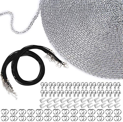 EuTengHao Halskette Schmuckkette 40 Fuß Kit mit 100 Biegeringen und 30 Hummerverschlüssen 5 gewachste Halskette Schnüre 1,5 mm Edelstahl versilberte Schmuckkette für die Herstellung von