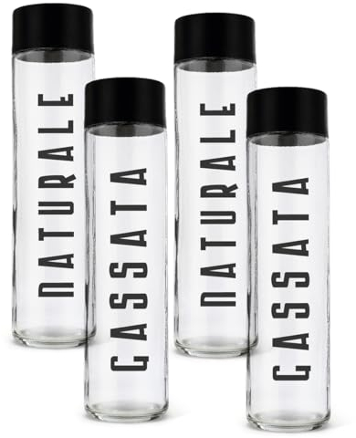 BrandPrint - Set di 4 Bottiglie in Vetro Cilindro 1 Lt con Tappo a Vite | Design Elegante e Versatile |Colore Serigrafia Grigio Scuro| 2 Serigrafate Naturale e 2 Gassata