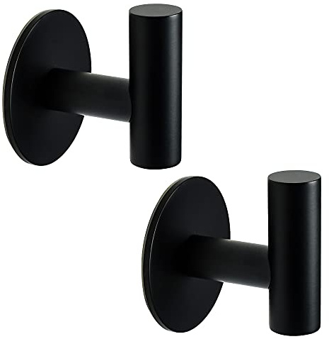 Self Adhesive Towel Hook Matte Black Coat Hook Brushed Nickel SUS304 Stainless Steel Heavy Duty Waterproof Towel Robe Clothes Hook Holder for Bathroom Kitchen Office Hotel Pool Wall Mounted Hook-2Pack