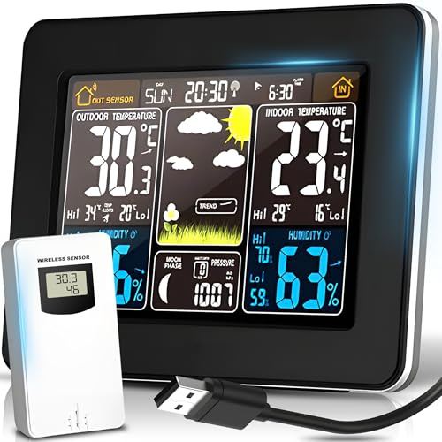 Retoo Estación meteorológica multifuncional con sensor exterior y pantalla LCD digital, estación meteorológica inalámbrica con sensor, barómetro, sincronización de tiempo y alcance de 60m (blanco)