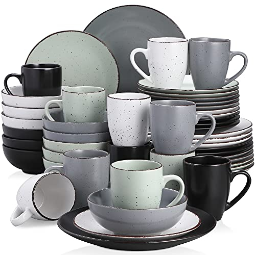 Tafelservice Steingut, vancasso MODA Geschirrset, Vintage Aussehen, 48-teiliges Kombiservice mit je 12 Speisetellern, Kuchentellern, Schalen und Tassen