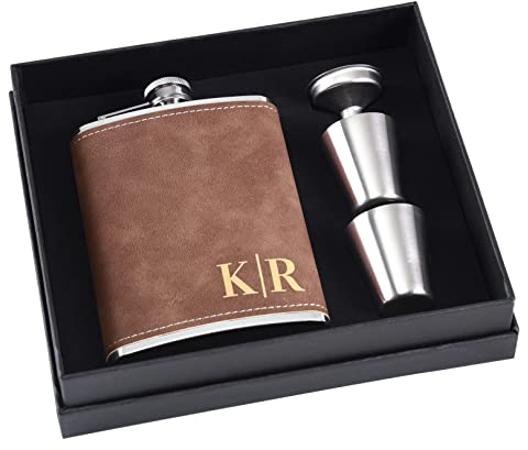 Personalised Flask Gift Set for Men, 8 oz 304 Stainless Steel Engraved Hip Flasks with Name, Custom Flask for Wedding Groomsmen Gifts (Brown)