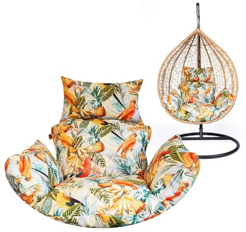 Bielik Coussin pour Fauteuil Suspendu, Coussin de Jardin, Coussin pour balançoire Suspendue, Coussin de siège pour Panier Suspendu, Feuilles Vertes (Beige + perroquets)