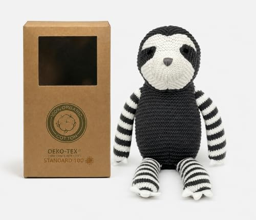 FLUFFYFUN 100% Bio-Baumwolle Faultier Baby Kuscheltier Grau18cm - stofftier für Neugeborene