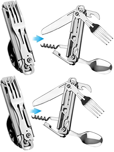 HONZIN Couverts d'ustensiles de camping en plein air, couverts pliants multifonctionnels 5 en 1, ensemble de couverts portables en acier inoxydable pour voyage, avec pochette à cordon (2 paquets)