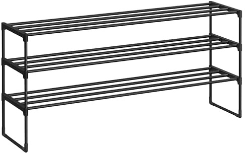 SONGMICS Skohylla med 3 våningar, metallskohållare, upp och ner eller höger upp, rymmer 20–24 par, stapelbar, för hall, 30 x 117 x 55 cm, svart LSA033B01