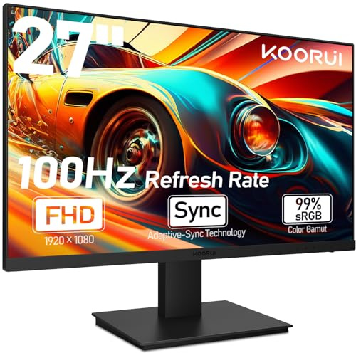 KOORUI Monitor de Juegos de 27 Pulgadas con Altavoces Integrados, 100Hz, Pantalla 1080p, Colgante, Sin Marco, HDMI, Inclinable, Cuidado de los Ojos, Montaje en Pared VESA Negro