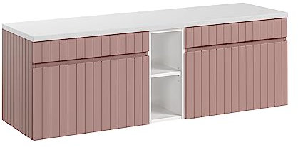 Mobile lavabo doppio 140 cm Iconic Rose, pensile per lavabo sospeso, piano bianco lucido, colore rosa opaco (con piano di lavoro)