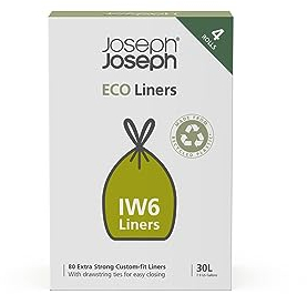 Joseph Joseph IW6 Eco Recycled plastic Bin Liners, Kitchen Waste Bags With Tie Tape Drawstring Handles, Extra Strong – (4 Packs of 20, Total 80 Liners) Holds 30 Litres, Grey