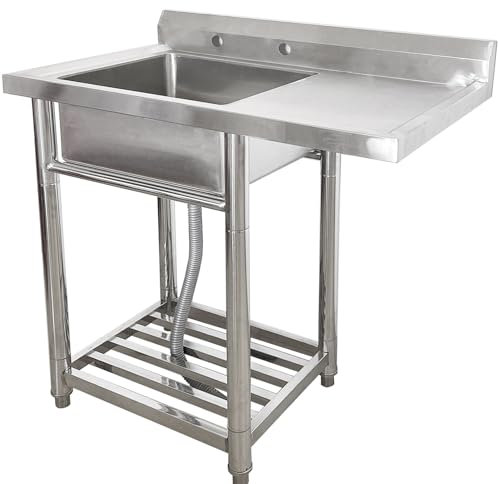 Fregadero de Restaurante Comercial, Fregadero de Cocina de Restaurante de Acero Inoxidable con Drenaje y Protector contra Salpicaduras, Fregadero de Catering de un Solo tazón con Estante